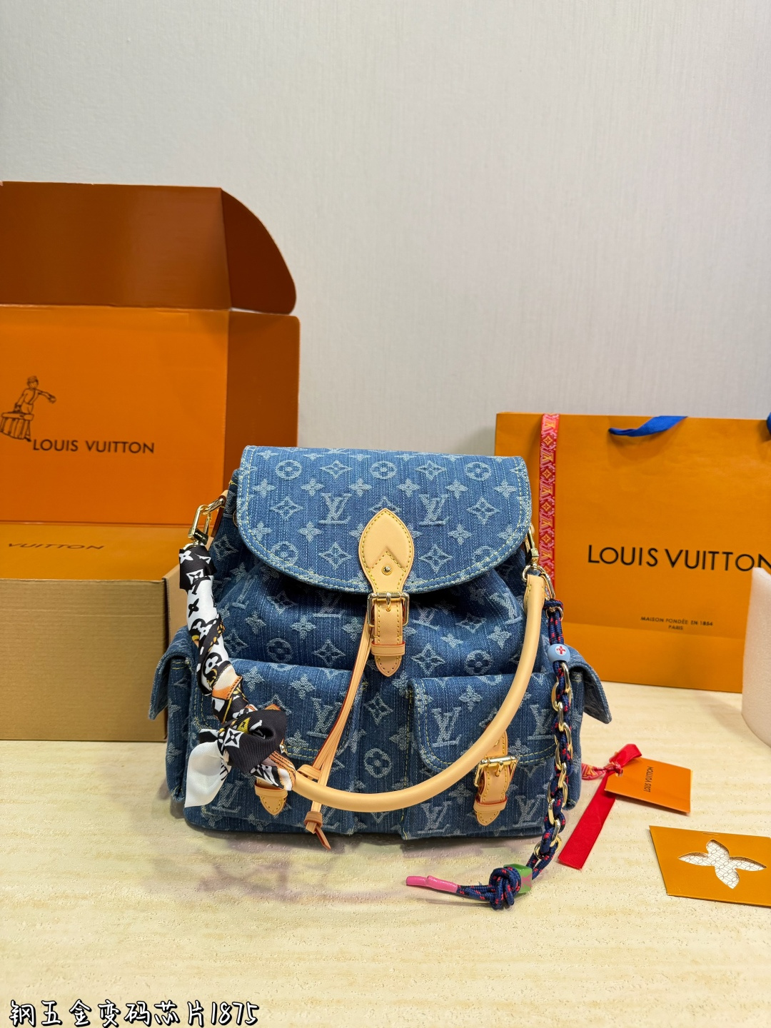 LV Denim Blue Rivet Backpack Monogram Canvas Cowhide